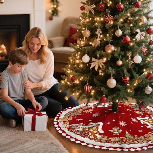 Red Gingerbread Christmas Tree Skirt Decorations House Decor Christmas Gingerbread Tree Ornaments Holiday Party Indoor Outdoor Xmas Trees Mat 36 inches - Image 5