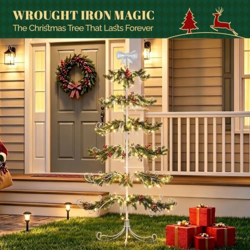VINGLI 6ft Metal Christmas Ornament Tree Stand w/Bow Topper, 192 Branches, Decorative Iron Display Tree for Hanging Ornaments, Wrought Iron Christmas Tree Decoration for Holiday Home Decor, White - Image 6