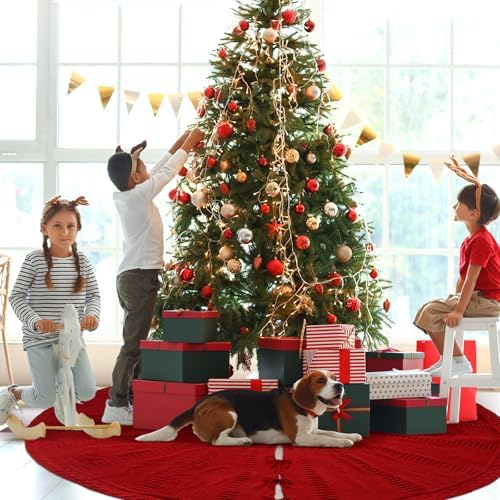 84 Inch Christmas Tree Skirt Extra Large Red Chunky Merry Christmas Knitted Tree Skirt Vintage Giant Claret Braided Cable Knit Rustic Farmhouse Xmas Ornaments for Home Holiday Winter Party Decoration - Image 5