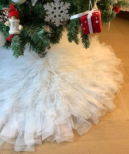 AOGU 60 Inch Fluffy Tulle Christmas Tree Skirt Vintage and Elegant Design Perfect for Christmas Tree Decorations White by AOGU