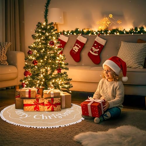 AerWo 24 inch Small Christmas Tree Skirt Decorations, Rustic Mini Burlap Tree Skirt Vintage Xmas Cover for Christmas Party Mat Indoor Outdoor Holiday Family Winter Home Decorations - Image 4