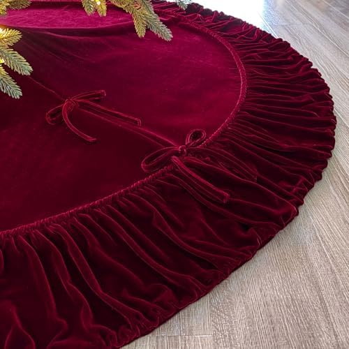 Ruffled Velvet Christmas Tree Skirt with Foam Padding, Nylon Backing and Lace-Up Tie Closure (Burgundy, 72-Inch) - Image 3