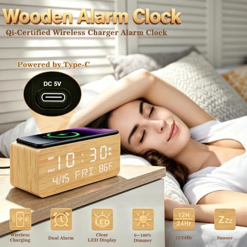 Andoolex Wooden Digital Alarm Clock with Wireless Charging, 0-100% Adjustable Brightness Dimmer and Alarm Volume, Weekday/Weekend Mode, Dual Alarm, Snooze, 12/24H, Wood LED Clock for Bedroom (Bamboo) - Image 2