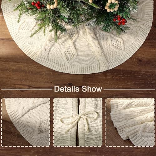48 inch Christmas Tree Skirt: Diamond Braided Cable Knit Tree Skirt for 7.5ft Tree, Cream White Tree Skirt, Vintage Tree Skirts, Rustic Farmhouse Christmas Decorations - Image 2