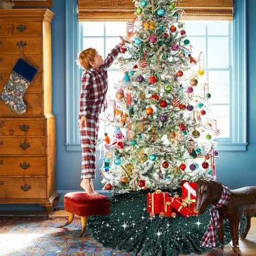 Emerald Green Christmas Tree Skirt Rustic Green Velvet Tree Skirt - Image 5