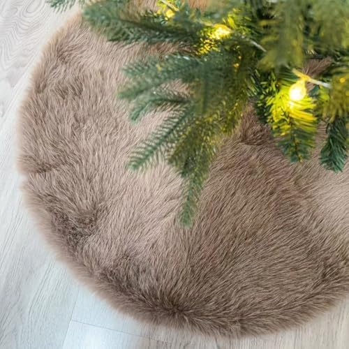 24 Inch Christmas Tree Skirt - Fluffy Faux Fur Light Brown Tree Skirt, Toka Colored Plush Xmas Holiday Decor for Parties, Small Round Tree Skirt by Amidaky