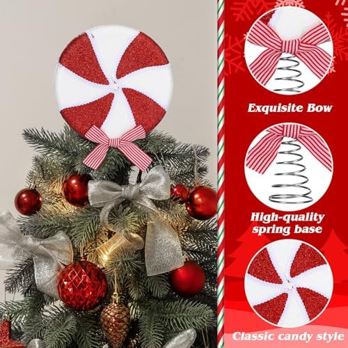 Arrowbash Christmas Candy Tree Topper 10.04 x 7.87 x 1.6 Inch Peppermint Tree Topper Swirl Christmas Ornament Candy Cane Xmas Decoration for Holiday Party Festive Home Decor, Red, White - Image 4