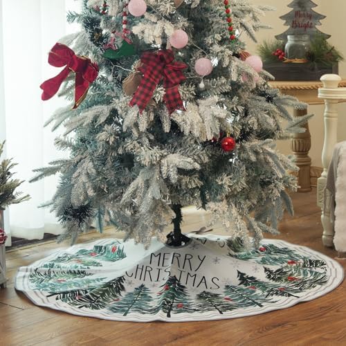 CROWNED BEAUTY Christmas Tree Skirt Collar 48 Inch Green Pine Trees Red Cardinals Soft Farmhouse Holiday Decoration (Green) TS37 - Image 3