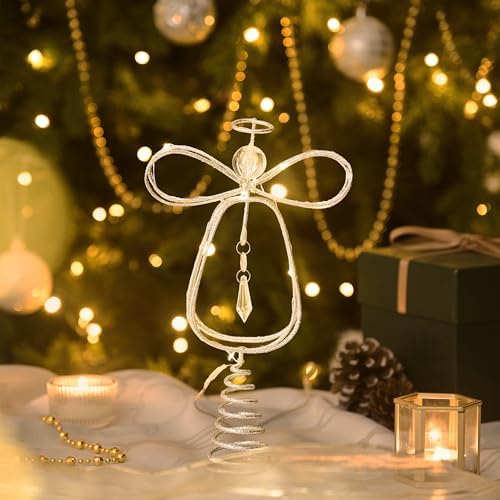 Valery Madelyn Lighted Christmas Tree Topper Angel with Timer, 10 Inch Pre-Lit Silver Metal Small Angel Tree Topper with Lights for Christmas Tree Decoration Indoor, Battery Operated - Image 5