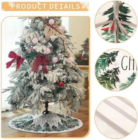 CROWNED BEAUTY Christmas Tree Skirt Collar 48 Inch Green Pine Trees Red Cardinals Soft Farmhouse Holiday Decoration (Green) TS37 - Image 5