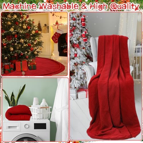84 Inch Christmas Knitted Tree Skirt Giant Claret Red Chunky Xmas Tree Skirt Extra Large Cable Knit Thick Rustic Farmhouse Xmas Ornaments for Home Merry Christmas Holiday Winter Party Decoration - Image 6
