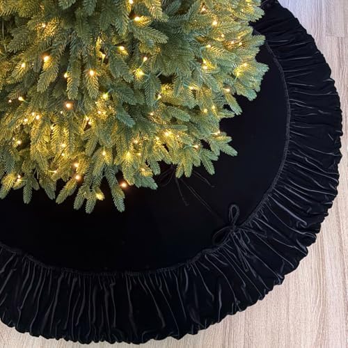 Ruffled Velvet Christmas Tree Skirt with Foam Padding, Nylon Backing and Lace-Up Tie Closure (Black, 72-Inch) by StarryDynamo