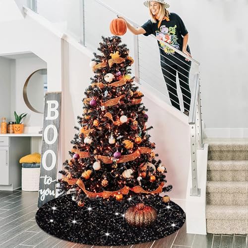 FUHSY 36 Inches Sequin Velvet Christmas Tree Mat Black Glitter Embroidered and Sequined Tree Decorative Skirts Sparkly Personalized Tree Skirts for Christmas Halloween Tree Skirt for Holiday Party - Image 4
