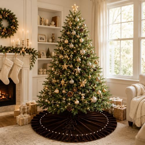 Chocolate Brown Velvet Christmas Tree Skirt 48 Inch – Pearl Beaded Ruffle Trim Xmas Tree Skirt with Bows, Festive Christmas Tree Base Cover for Holiday Party Home Decorations - 122cm - Image 3