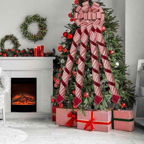 WRAPAHOLIC Large Christmas Tree Topper Bow - 13 x 52 Inch Burlap Striped Christmas Tree Topper Ribbon Bow Wreath Bows with Wired Edge for Xmas Ornament Indoor Outdoor Decoration - Image 4
