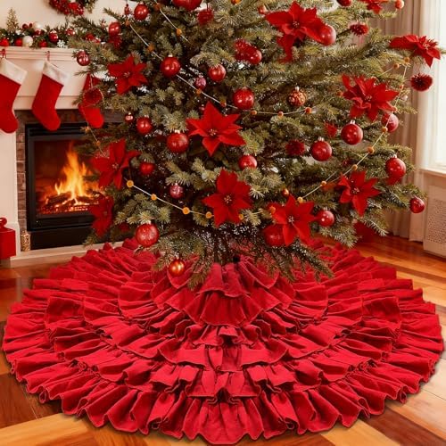 yuboo Large Red Ruffle Tree Skirt 48", Rustic Farmhouse Wedding Decorations, Tiered Fluffy Tree Skirt for Engagement Party & Mother Day Holiday Decor by yuboohomedecorations
