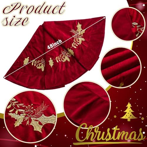 48 inches Velvet Christmas Tree Skirt Red Wine Gold Fur Plush Tree Skirt Luxury Xmas Skirts for Merry Christmas Party Vintage Holiday Decorations(Red with Gold Embroidered Holly) - Image 2