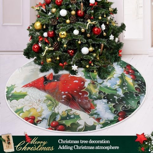 Red Cardinals Holly Berry Christmas Tree Skirt Small Xmas Tree Skirts Decorations 36 in Burlap Tree Mat Cover for 4 ft Trees Holiday Party - Image 2