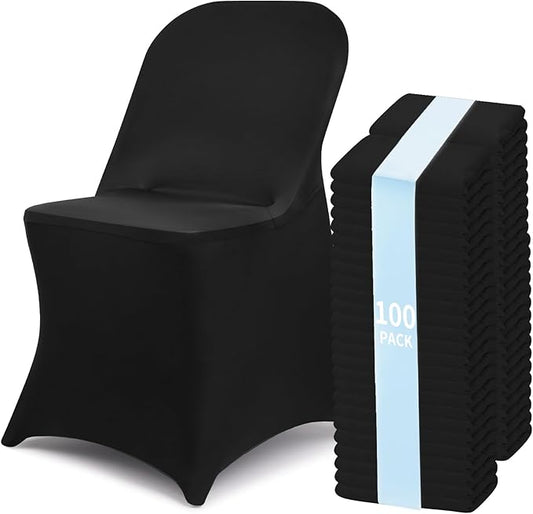 Fixwal 100 Pcs Black Folding Chair Cover, Spandex Stretch Covers Ideal for Wedding, Party, Dining, Business Meeting, Banquet, Universal Fitted Washable Slipcover