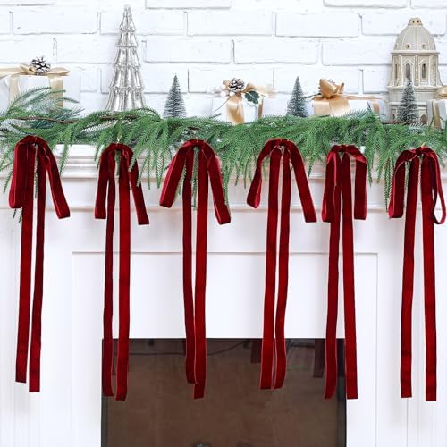 Janinka 6pcs Long Burgundy Christmas Velvet Bow Ornament Vintage Tree Decor - Image 3