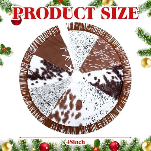 Shappy Western Christmas Tree Skirt 48 Inch Cows Print Tree Skirts Decorations Cowboy Christmas Skirt with Tassel Decorations Mats for Xmas Party Holiday Ornament Home(Classic) - Image 2