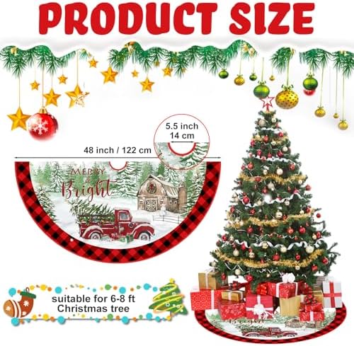 Blosssound Christmas Tree Skirt Buffalo Plaid Retro Red Truck Xmas Tree Skirt for Winter Holiday Farmhouse Christmas Party Decoration (48 Inch,Truck,Red Black) - Image 2