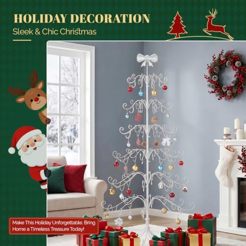VINGLI 6ft Metal Christmas Ornament Tree Stand w/Bow Topper, 192 Branches, Decorative Iron Display Tree for Hanging Ornaments, Wrought Iron Christmas Tree Decoration for Holiday Home Decor, White - Image 4