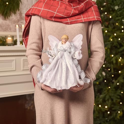 Valery Madelyn Lighted Christmas Tree Topper Angel with Timer, 12 Inch White and Silver Fabric Small Angel Tree Topper with Lights for Christmas Tree Decoration Indoor, Battery Operated - Image 6