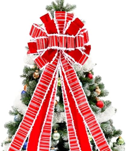 Christmas Tree Topper Wreath Bow Large Red Christmas Bow Tree Topper, Burlap with White Polyester Edge Gift Bows for Xmas Ornament Holiday Home Thanksgiving Indoor/Outdoor Decor 45x13 Inches - Image 2