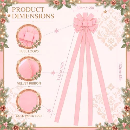 Ceenna Christmas Tree Topper Bow 52 x 12 Inch, Pink Large Velvet Bow - Image 2