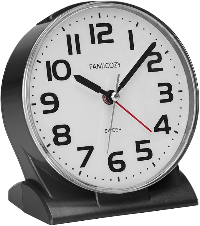 FAMICOZY 4.5" No Ticking Analog Alarm Clock,Silent Readable for Seniors,Easy to Set,Gradual Rise Alarm,Big Numbers,On/Off Switch on Side,Gentle Wake,Snooze Soft Backlight,Battery Operated,Black by FAMICOZY