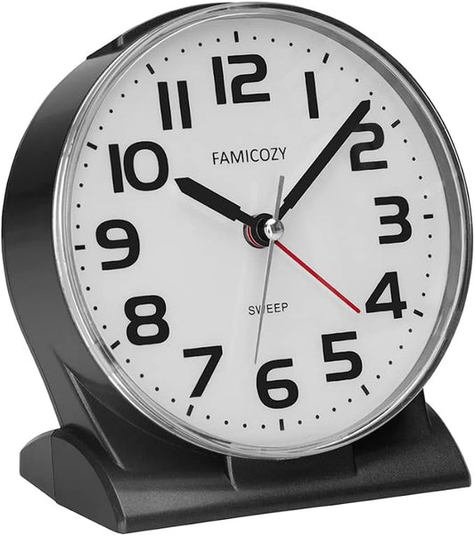 FAMICOZY 4.5" No Ticking Analog Alarm Clock,Silent Readable for Seniors,Easy to Set,Gradual Rise Alarm,Big Numbers,On/Off Switch on Side,Gentle Wake,Snooze Soft Backlight,Battery Operated,Black by FAMICOZY