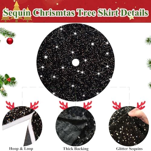 MODFUNS Glitter Christmas Tree Skirt Small Black Sequin Tree Skirt 21 Inch Mini Halloween Tree Skirt Sparkle Xmas Tree Base Bling Halloween Christmas Tree Skirt Collar for All Season Party Decor - Image 3