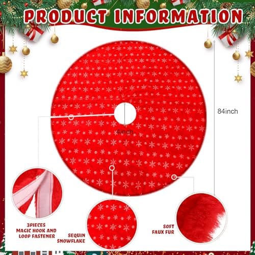 Libima 84 Inches Large Christmas Tree Skirt Faux Fur Red Xmas Tree Skirt Plush Velvet with Silver Sequins Snowflakes for Xmas Decorations Merry Christmas Party Winter Holiday Ornaments - Image 2