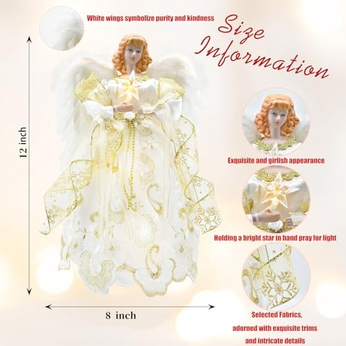 12" Lighted White Angel Christmas Tree Topper with Feather Wings - Image 2