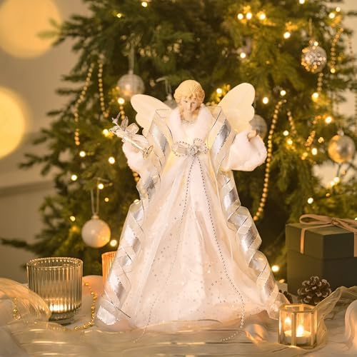 Valery Madelyn Lighted Christmas Tree Topper Angel with Timer, 16 Inch White and Silver Fabric Angel Tree Topper with Lights for Christmas Tree Decoration Indoor, Battery Operated, Valentines Gift - Image 4