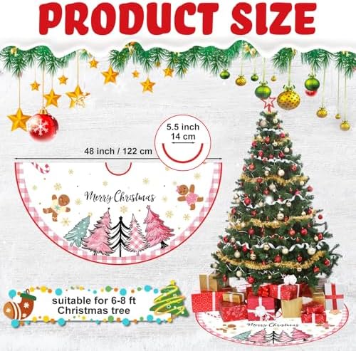 Blosssound Christmas Tree Skirt Buffalo Plaid,48 Inch,Holly,Pink - Image 2