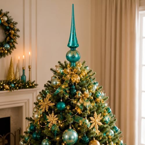 Gejoy Mercury Glass Christmas Finials Tree Topper Vintage German Ornaments Spherical Blown Glass Xmas Tree Topper Finials Green Holiday Indoor Suitable for Party Decoration, 9.8inches - Image 2