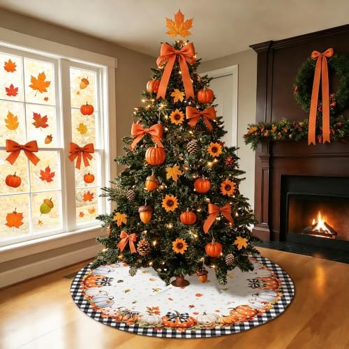 48 Inch Fall Tree Skirt Mat Short Plush Pumpkin Tree Skirts for Indoor Outdoor Fall Tree Decoration - Image 4