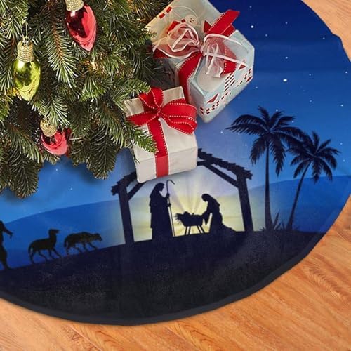 Holy Blue Star Christmas Nativity Scene Christmas Tree Skirt 48" for Xmas Halloween New Year Holiday Party Home Tree Mat Decor Ornaments Decoration - Image 3