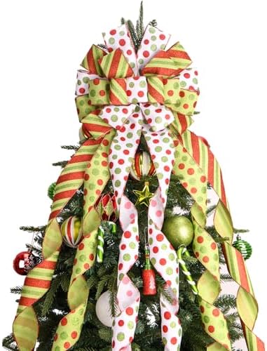 Christmas Tree Topper Wreath Bow Large Green Christmas Bow Tree Topper, 45"x13" Red Green Dot Polyester Gift Ribbon for Xmas Ornament Holiday Home Wedding Thanksgiving Indoor/Outdoor Decoration by Sailup