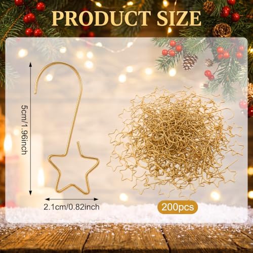 Hicarer 200 Pcs Christmas Ornament Hooks,2" Star Shaped Gold for Xmas Tree - Image 2