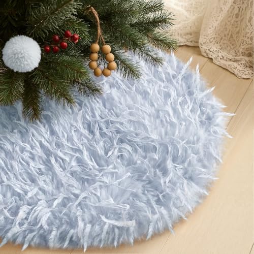 Light Blue Faux Fur Christmas Tree Skirt Mini 24 Inch with Long Feather Design, Luxurious Small Plush Xmas Tree Skirt for Holiday Decor, Winter Party, and Festive Home Decorations - 63cm by AtiMing