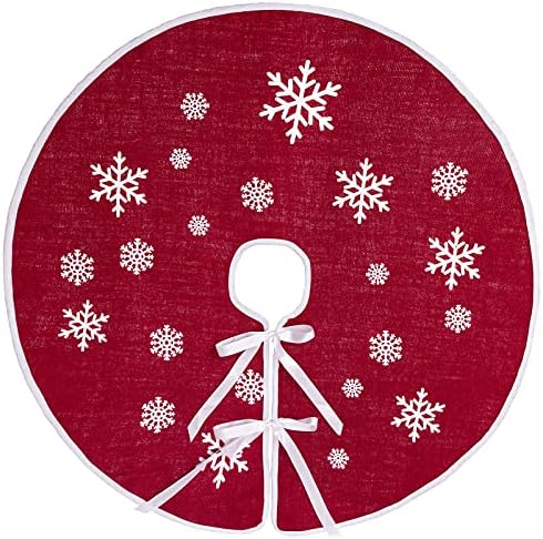 48 Inch Red Burlap Christmas Tree Skirt with White Snowflakes by MACTING
