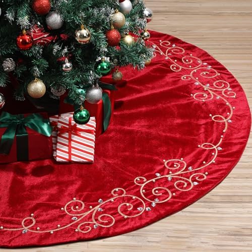 72inch Extra Large Christmas Tree Skirt Red Luxury Velvet Plush Fur Skirts Baroque Tree Skirts with Gold Embroidered Pearls and Crystals Trees Skirt for Christmas Holiday Party Home Decorations by QOUBAI