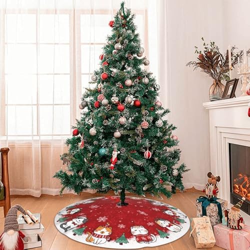 Christmas Cat Christmas Tree Skirt - Plush Polyester Mat Resistant with 3 Red Ties for Xmas, Halloween Decorations, Party Decor 36" - Image 2