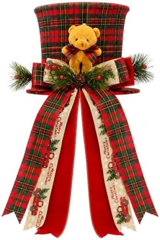 Christmas Tree Topper Hat Teddy Bear Topper with Buffalo Plaid Bow by CRCZK