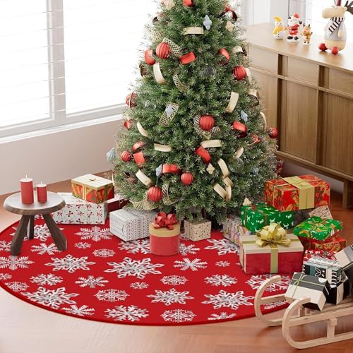 48 Inch Christmas Snowflake Tree Skirt Silver Snowflake Red Christmas Tree Skirt Large Red Round Xmas Trees Mat with Silver Snowflakes for Winter Holiday New Year Party Xmas Trees Home Decor - Image 6