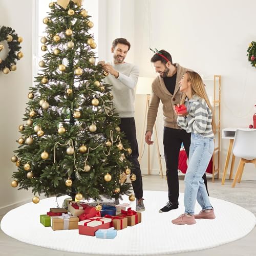 84 Inch Large Faux Fur White Christmas Tree Skirt for 8.5ft to 15ft Tree with Stripe Textured Pattern Soft Beige Boho Luxury Xmas Trees Decorations for Party Home Decor - Image 5