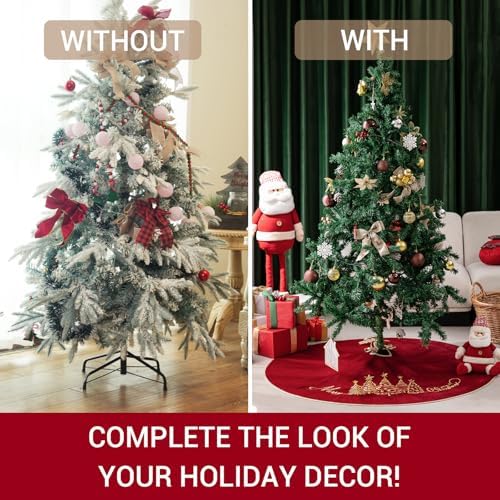 CROWNED BEAUTY 50 Inch Red Velvet Christmas Tree Skirt, Tree Embroidery - Image 6